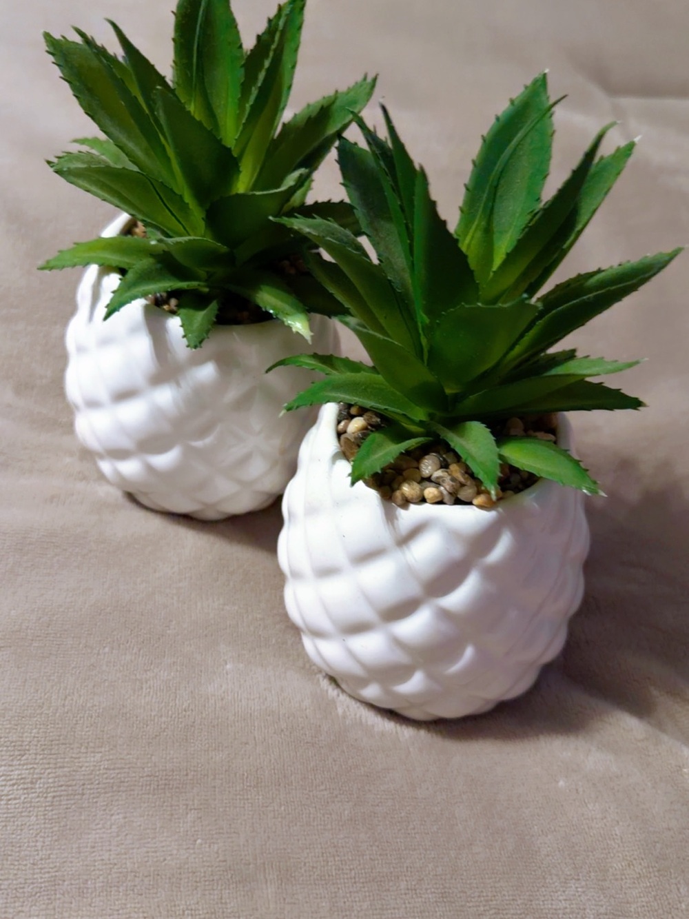 White Ceramic Pineapple Succulent Planters with Green Faux Plants